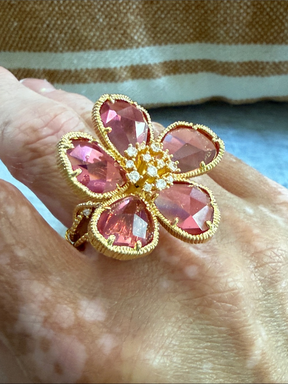 Gold-Tone Pink Crystal Floral Ring; Adjustable